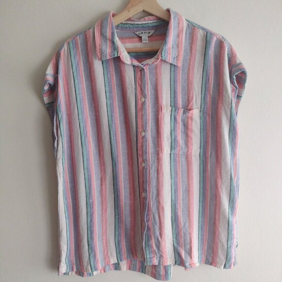 Orvis Tops - Orvis Womens Striped Button-Up Shirt M Pink Blue White Breathable Relaxed Top